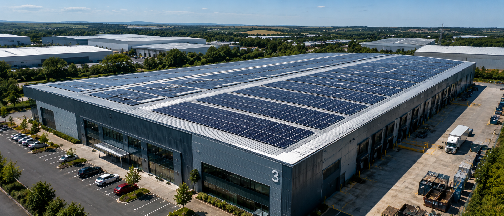 Aerial or elevated view of a large commercial building with a solar panel array across the entire roof