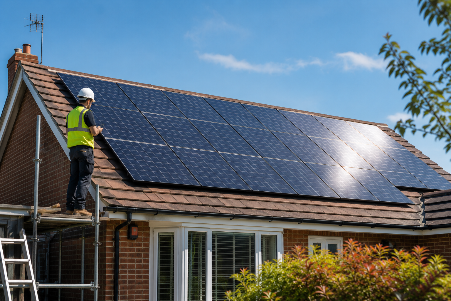 Solar panels installed on a UK residential roof — clean, professional finish, sunny day